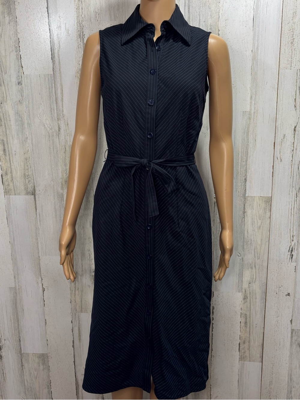 dressbarn Navy Pinstripe Sleeveless Shirt Dress with Tie Waist